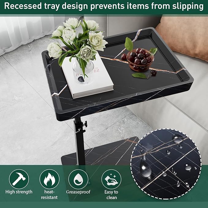 C Table End Table Adjustable Height, 360°Swivel TV Tray Table for Small Spaces, Couch Tables That slide under, C Shaped Side Tables living room and bedroom for Sofa, Bed,Chair, Snack (1, Black)