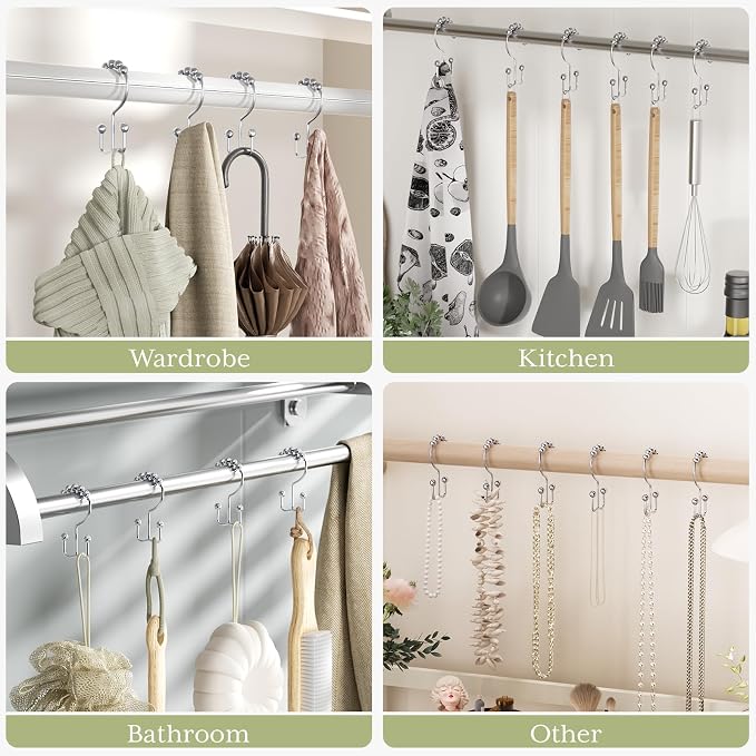 Amazer Shower Curtain Hooks Rings, Rust-Resistant Stainless Steel Double Shower Curtain Hooks, Shower Hooks for Shower Curtain and Liner Bathroom, Set of 12, Chrome