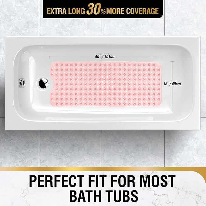 HITSLAM Bath Mat for Tub, Non Slip Bathtub Mat, 40 x 16 Inch Extra Long Bath Tub Mat, Machine Washable Bathroom Shower Mat with Suction Cups and Drain Holes, Soft on Feet, Clear Pink