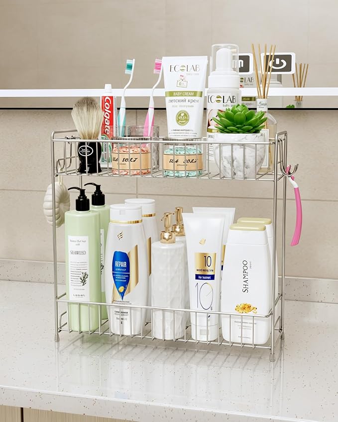 YQh 2-Tier Bathroom Storage Organizer Rack, Stainless Steel Shower Caddy, Counter and Vanity Shelf