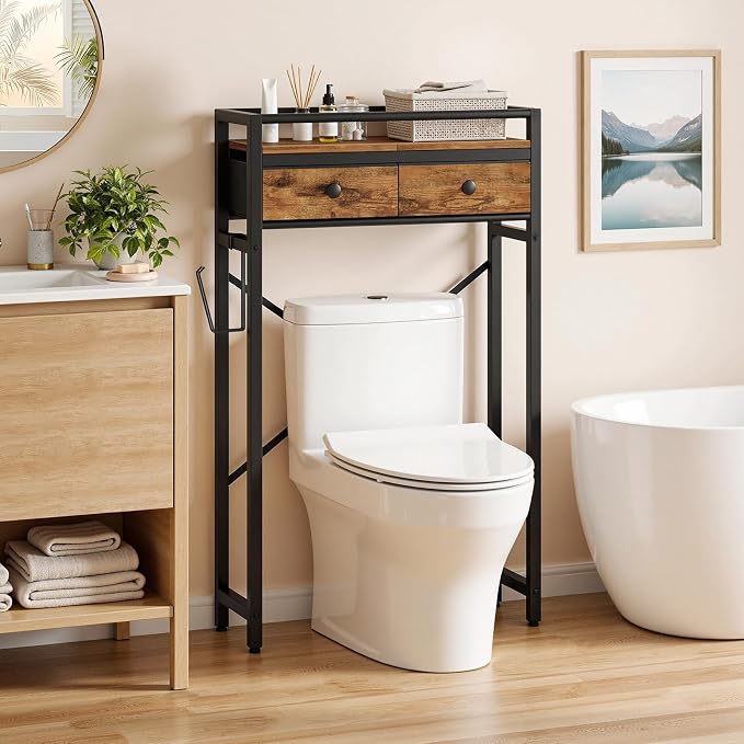 MAHANCRIS Over Toilet Storage, 2-Tier Bathroom Organizer Shelf with 2 Fabric Drawers and Toilet Paper Holder, Freestanding Above Toilet Rack for Small Spaces, Space-Saving, Rustic Brown TSHR1101