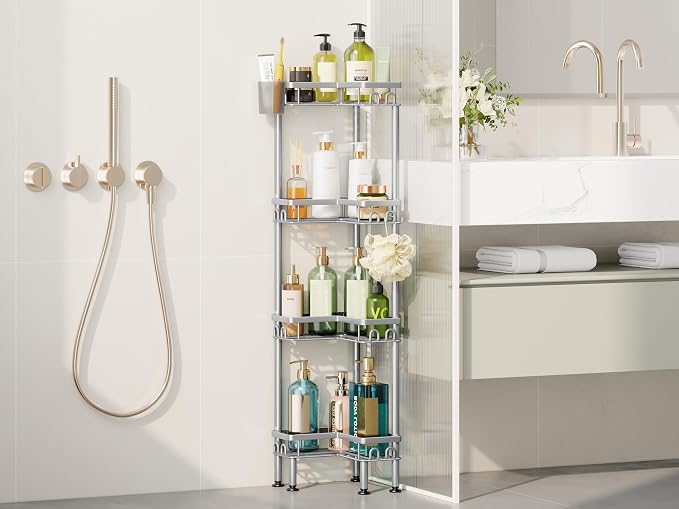 HapiRm Standing Shower Caddy Corner - 4 Tier Corner Shower Organizer with Toothbrush Holder and 16 Hooks, Large Capacity Rustproof Bathroom Shelves for Tall Bottles, Silver