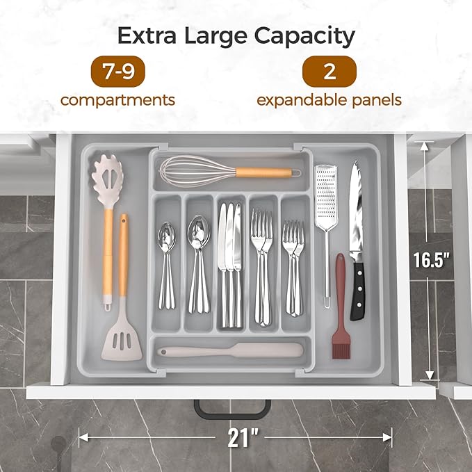 ukeetap Extra Large Expandable Silverware Organizer, BPA-Free Food-Safe Cutlery Flatware Organizer, Kitchen Utensil Drawer Organizer, Adjustable Silverware Holder for Spoons Forks Knives, Gray