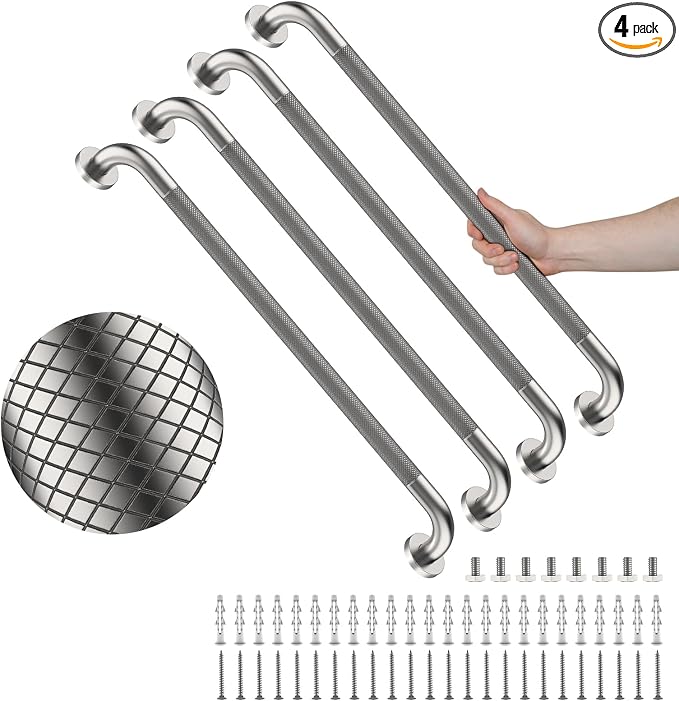 4 Pack 32 Inch Shower Grab Bar, YuanDe Brushed Nickel Bathroom Grab Bar Handle w/Anti-Slip Knurled Grip, Stainless Steel Bath Balance Bar, 1.25" Diameter Safety Hand Rail Support,Handicap Elderly