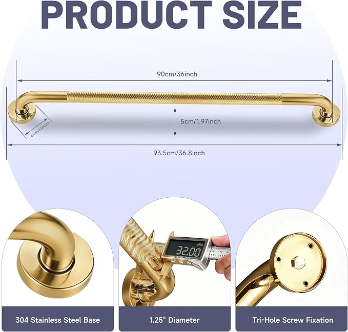 36 Inch Shower Grab Bar, Brushed Gold Anti Slip Safety Bars, 304 Stainless Steel Bathroom Handrail, Handicap Grab Bars for Wall, Shower Grip Handle for Seniors Elderly Injury Assist Bath (1.25" Dia)