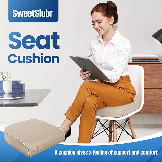 SweetSlubr Seat Cushion for Tailbone Pain Relief, Office Chair Cushion, Memory Foam Large Chair Cushion with Non-Slip Cover for Soft Support at Office Chair, Car Seat, Airplane Beige/2X-Large