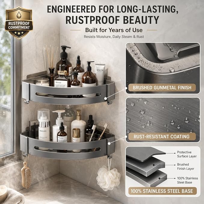 Corner Shower Caddy - 2 Pack Rustproof Stainless Steel Bathroom Organizer Shelves for Inside Shower, No Drill Adhesive Wall Mount Heavy Duty Storage Rack with 4 Hooks, Gunmetal