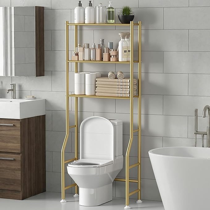 Livilord 3-Tier Over The Toilet Storage Rack, Space Saver Metal Bathroom Shelves, Freestanding Over Toilet Bathroom Organizer for Bathroom/Living Room (Gold)