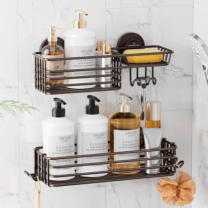 LEVERLOC 2 Pack Shower Caddy Suction Cup, Shower Shelves for Inside with Hooks and Soap Holder, NO Drill Bathroom Shampoo Holder, Rustproof Meatl Bathroom Organizer Brown