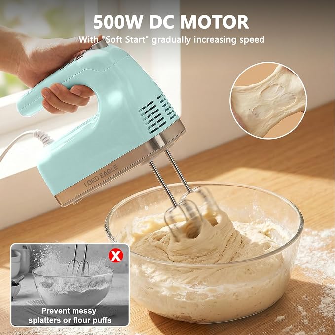 Lord Eagle 9-Speed Digital Hand Mixer Electric Handheld, 500W DC Motor Kitchen Mixer for Cake Baking, Lightweight Egg Beaters with Stain-resistant & Waterproof Storage Bag & 6 Accessories, Green