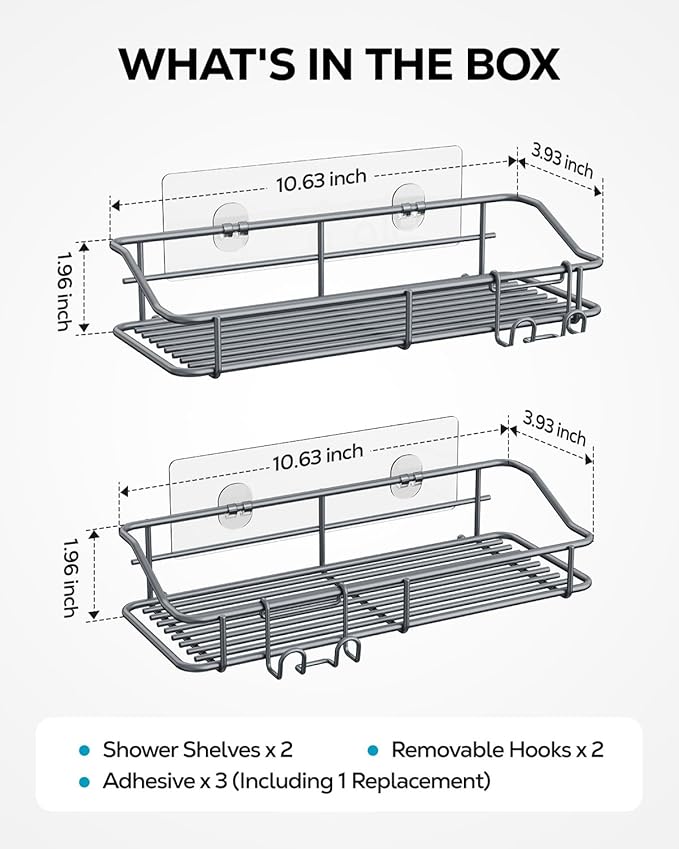 Nieifi Shower Caddy Shelf with Hooks Storage Rack Organizer Adhesive Stainless Steel Without Drilling for Bathroom, Lavatory, Washroom, Restroom, Shower, Toilet, Kitchen - 2 Pack (Gray)