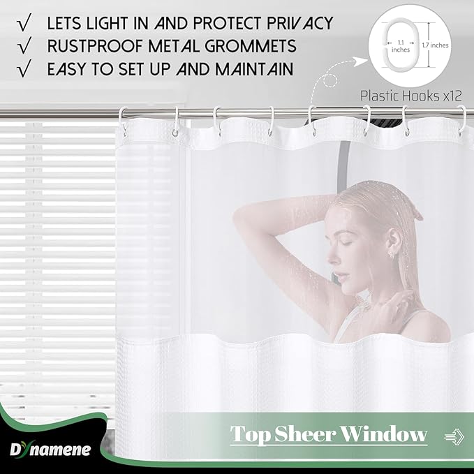Dynamene 78 Inch Long Shower Curtain, Tall Waffle Fabric Shower Curtains for Bathroom, Hotel Waterproof Cloth Shower Curtain Liner Set with Hooks, Snap in Liner, Mesh Top Window, White, 72x78