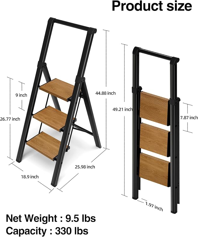 3 Step Ladder,Folding Step Stool with Aluminum Wide Pedal& Convenient Handgrip,330lbs Capacity Steel Ladder for Household and Office(Black &Woodgrain)