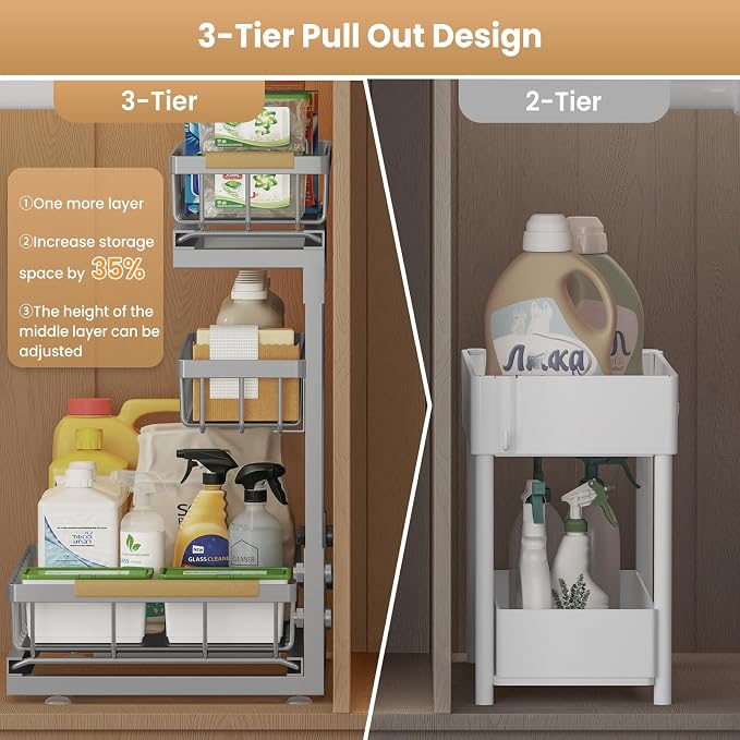 Under Sink Organizer and Storage for Bathroom and Kitchen - 2 Pack 3 Tier Under Cabinet Pull Out Shelf Organizers - Slide Out Drawer Organization for Home Cabinets Shelves and Drawers