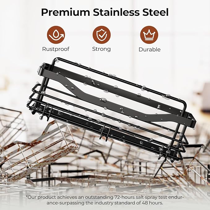 Orimade Shower Caddy Basket Shelf Storage Rack, No Drilling Wall Mounted Adhesive Rust Resistant Stainless Steel Shower Organizer with 5 Hooks for Bathroom, Black 2 Pack