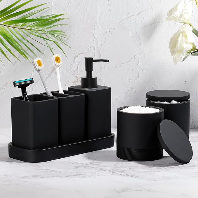 YMXYJM Bathroom Accessories Set, 6 Piece Bathroom Set with Toothbrush Holders, Soap Dispenser, Vanity Tray, Tumbler, Cotton Swab Jars, Bathroom Organizer，Bathroom Sink Sets, Matte Black