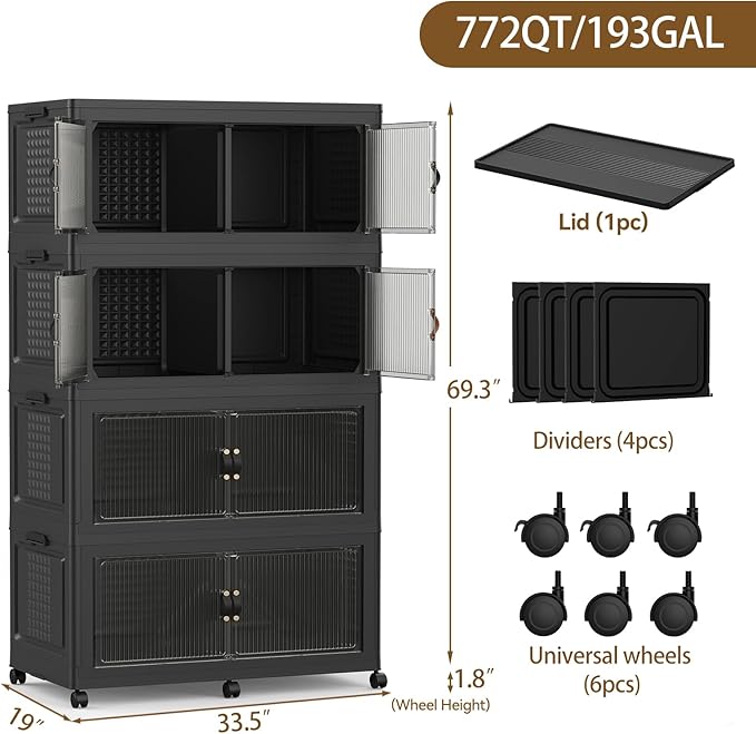 SAILUN 190Gal/760Qt Stackable Storage Bins Folding Collapsible Storage Bins with Lid, Closet Organizers and Storage Box with Door Black 33.5" W x 19" D x 69" H