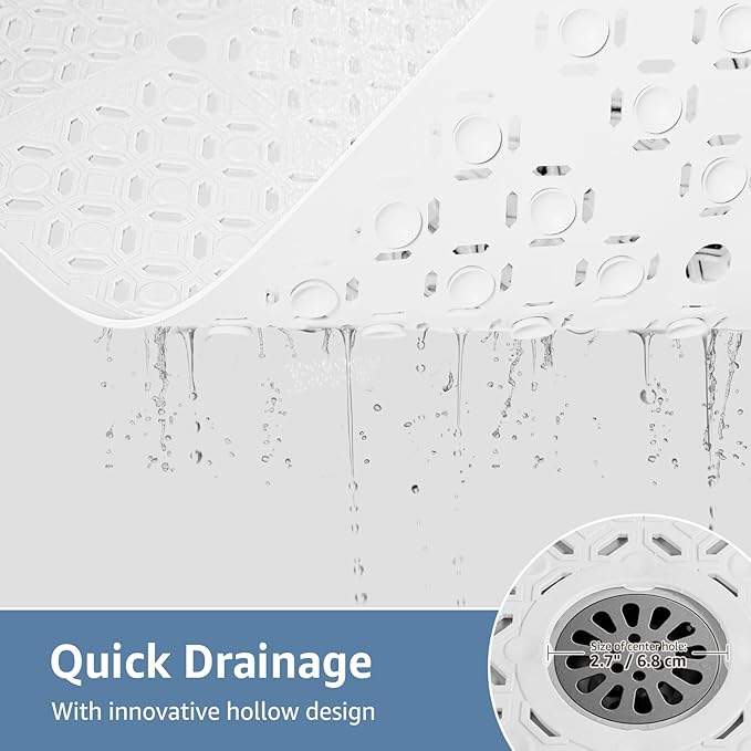 Yolife Square Shower Mat, 27" x 27" Large Shower Mat with Center Drain Hole, Soft TPE Non Slip Shower Mats for Inside Shower with Suction Cups, Anti Slip Washable Shower Floor Mat, White