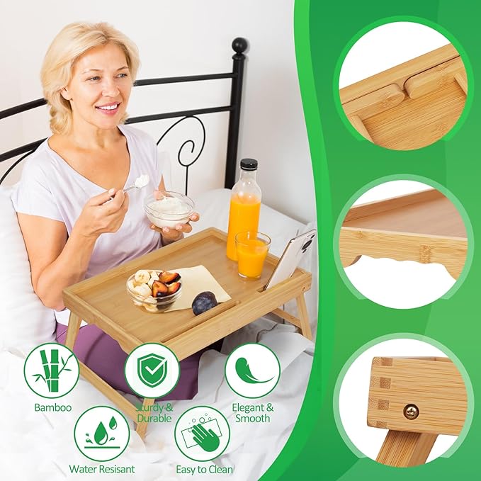 Artmeer Bed Tray Table with Folding Legs, Bamboo Breakfast Food Tray with Media Slot, Use As Platter, Laptop Desk, Snack, TV Tray Kitchen Serving Tray (Bamboo Extra-Large Size)