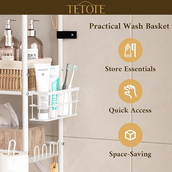 TETOTE Over The Toilet Storage Rack, 3-Tier Bathroom Organizer Shelf Over Toilet with Toilet Paper Roll Holder, Freestanding Metal Rack, White