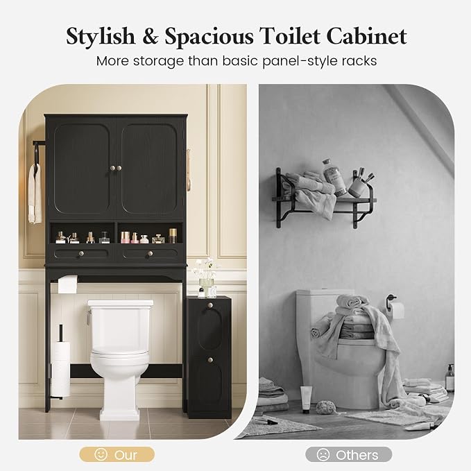 Over the Toilet Storage Cabinet with Mobile Bathroom Storage Cabinet & 3 Adjustable Shelves, Bathroom Storage Cabinet Over Toilet with 4 Section Drawers for Bathroom, Laundry Room, Black