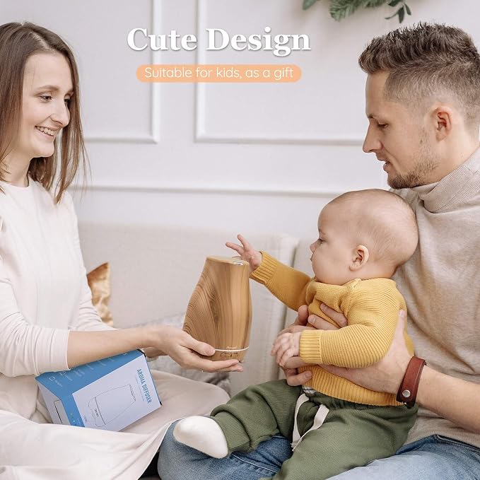 Aromatherapy Essential Oil Diffuser for Room: 100ml Air Humidifier Aroma Scent Cool Mist Diffusers Colorful Light Cute Mini Small Waterless Auto Off Ultrasonic for Home Bedroom (Yellow Wood Grain)