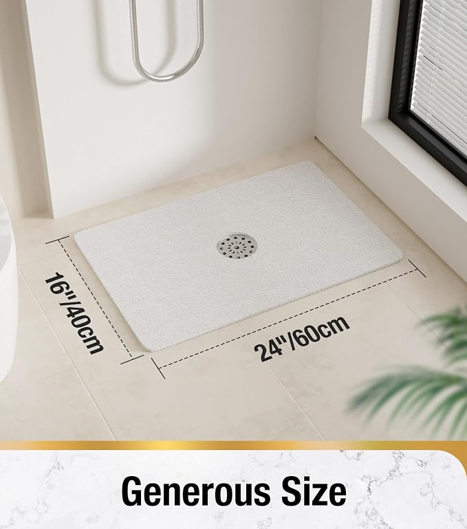 HITSLAM Shower Mat with Center Drain Hole, 24 x 16 Inch Non Slip Bath Mat for Textured Tub, Soft Loofah-Style Bathtub Mat Without Suction Cup, Quick Drying Stall Floor Mat, Bathroom Accessories, White