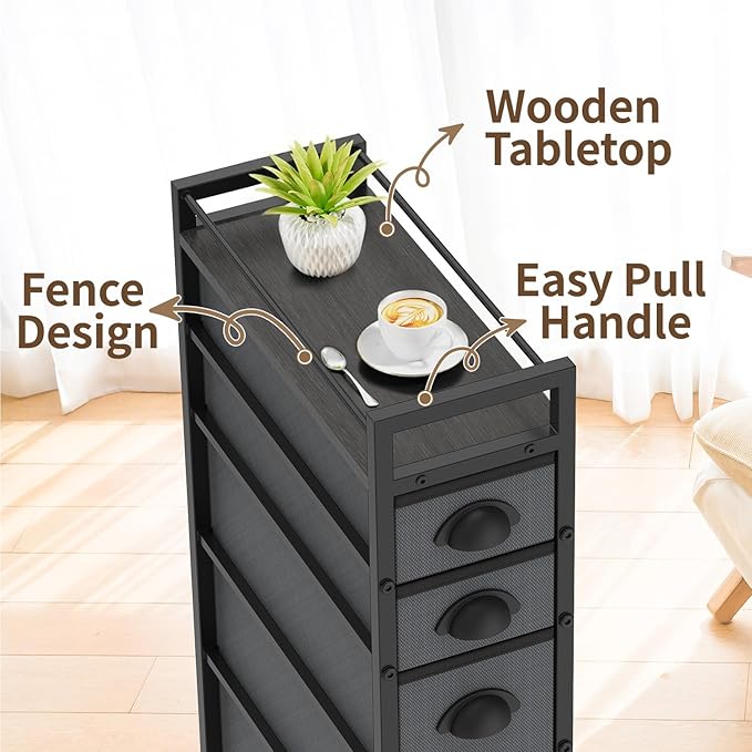 LASZOLA 5 Drawer Narrow Slim Cabinet Skinny Storage Tower Chest, Ideal for Small Spaces, Between Washer and Dryer, Lightweight Mobile on Wheels, Sturdy Fabric Drawers