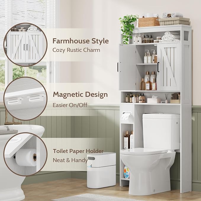 Over The Toilet Storage Cabinet with 2 Barn Doors & Built-in Toilet Paper Holder, Farmhouse Space-Saving Organizer for Bathrooms and Laundry Room, White