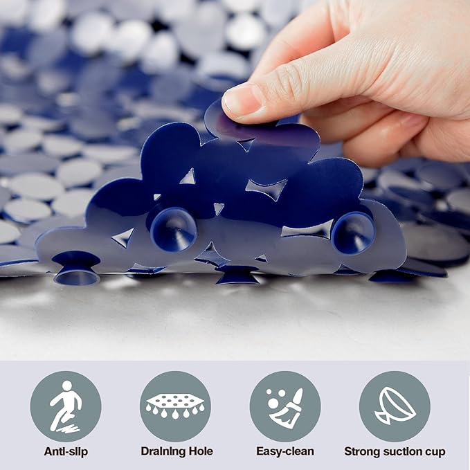 SONGZIMING Bathtub Mat Non Slip Pebble Bath Shower Mat with Drain Holes, Suction Cups Mat for Tub 16" W x 35" L, Navy Blue