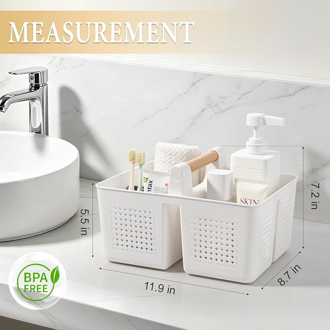 JiatuA Shower Caddy Basket Portable Caddy Organizer with Handle Cleaning Supplies Caddy Plastic Tool Storage for Bathroom Kitchen College Dorm Bedroom, White