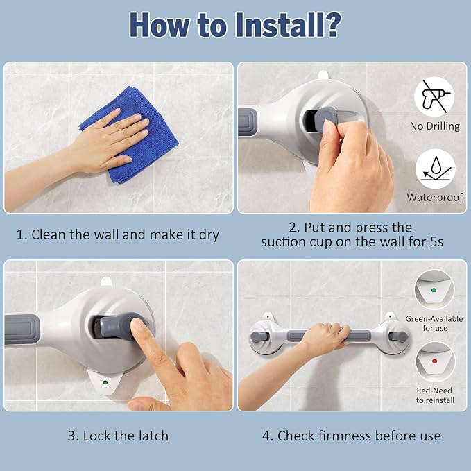 Roylvan Grab Bars for Bathtub and Shower, 1 Pack Shower Handle with Strong Suction Cups, 16.8 Inch Bathroom Grab Bars for Seniors, Removable Shower Safety Handrail for Elderly, Drill Free, Waterproof