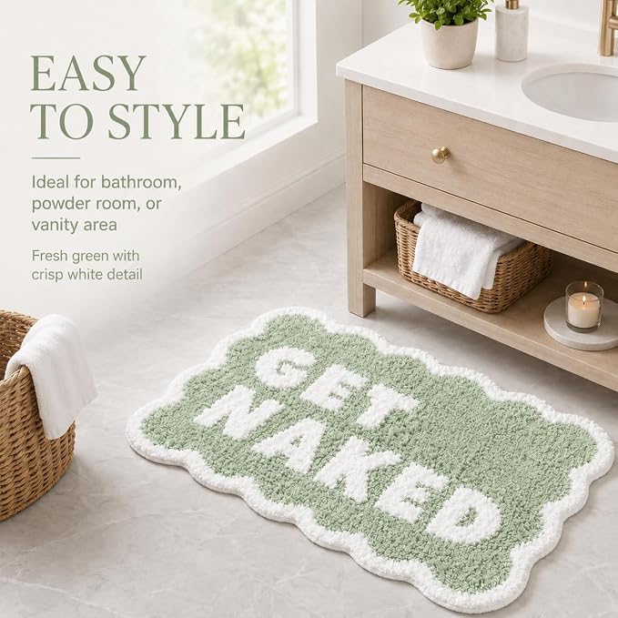 Scalloped Sage Green Bath Rug, Get Naked Cute Bathroom Rug, Soft Absorbent Quick Dry Bath Mat, TPR Non Slip Backing, Microfiber Mat for Shower Tub Sink Vanity 20" x 31.5"