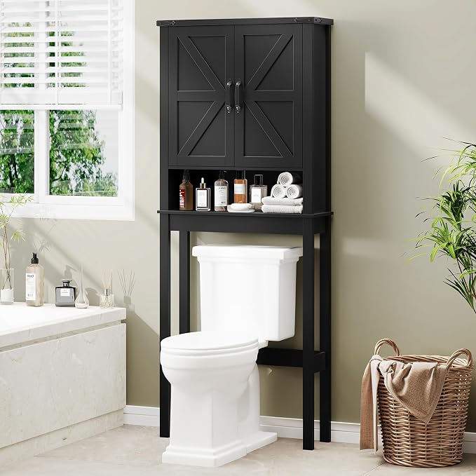 Halitaa Over The Toilet Storage Cabinet, Farmhouse Over Toilet Bathroom Organizer with 2 Barn Doors, Narrow Above Toilet Storage Cabinet, Behind Toilet Bathroom Organizer, Black