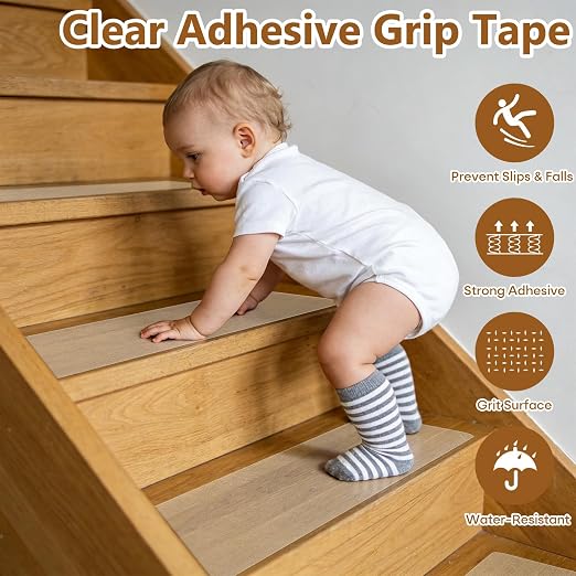 10-Pack 6″ x 30″ Transparent Anti-Slip Tape, Clear Adhesive Grip Tape, Clear Stair Treads Non-Slip for Wooden Step, Floors, Stairs, Pre-Cut and Easy to Use
