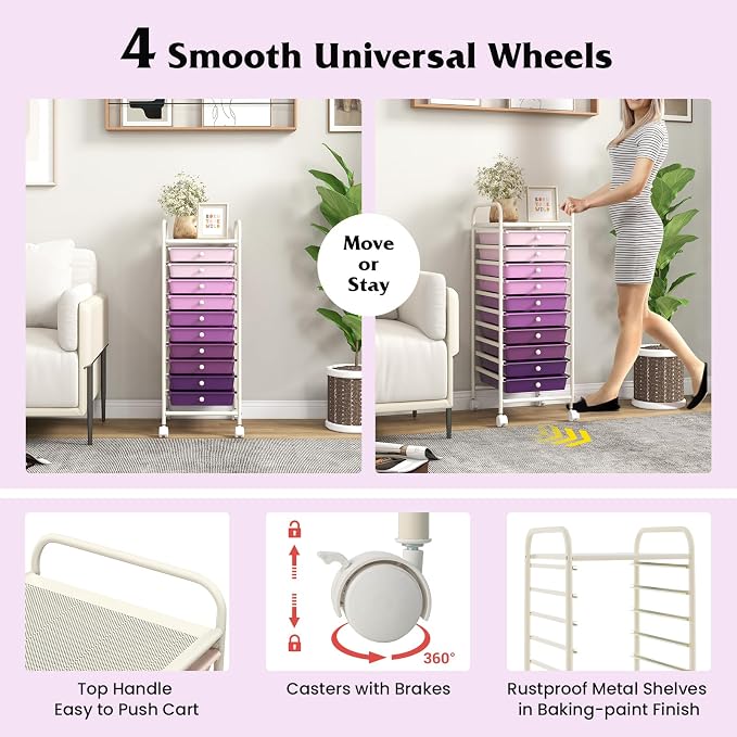 10-Drawer Rolling Storage Cart, Trolley w/Lockable 360° Wheels, 10 Removable PP Drawers, Sturdy Metal Frame, Rolling Utility Cart Perfect for Home, Office, Classroom (Gradient Purple)