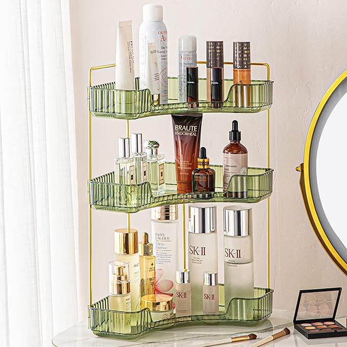 shuang qing 3-Tier Corner Bathroom Counter Organizer – Classic Storage Shelf for Makeup, Perfume & Toiletries, Space-Saving Countertop Tray Fits Bathroom, Dresser, Kitchen (Sage Green)
