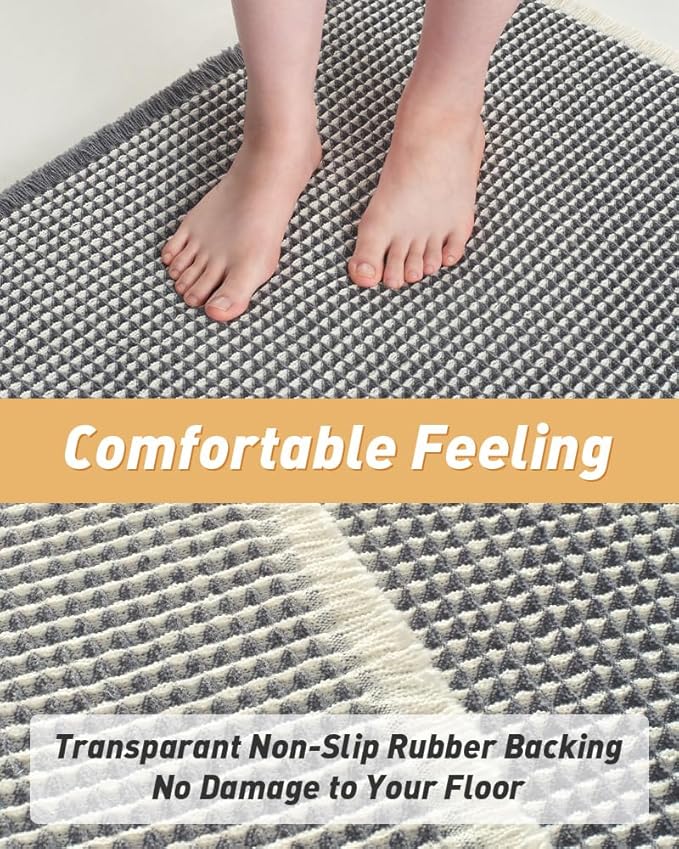Upgraded Waffle Bath Mat, Super Absorbent Non Slip Bath Mats for Bathroom Floor, Machine Washable Bathroom Rugs with Tassels, Rubber Backed Bathroom Mats, Ultra Soft, 24" x 36",DarkGrey & Cream