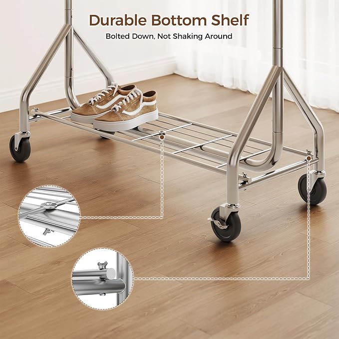 HYSEYY Heavy Duty Clothes Rack, Double Rod Clothing Rack for Hanging Clothes, Rolling Garment Rack, Adjustable Freestanding Wardrobe Closet Coat Rack for Bedroom Laundry Living Room, Silver