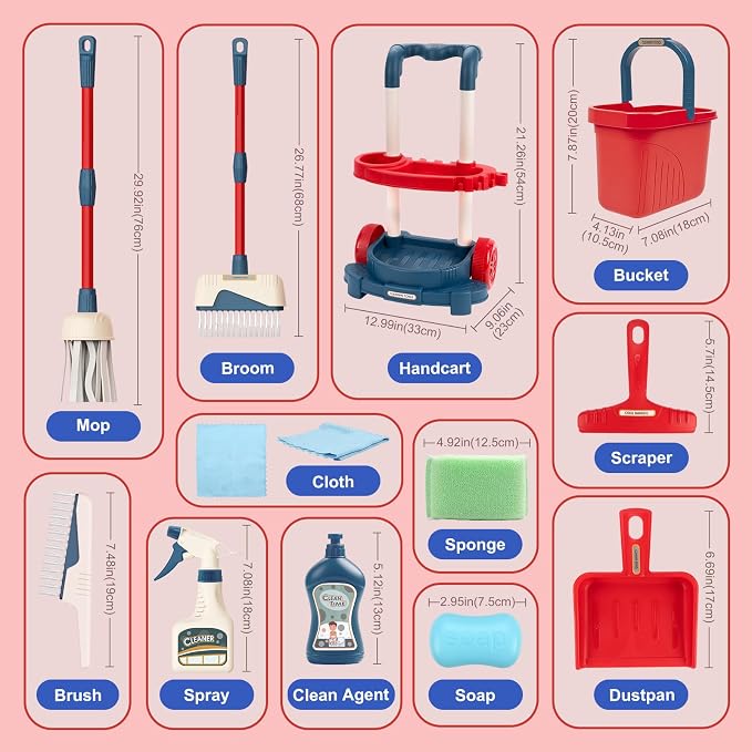 Toddler Cleaning Set, 12PCS Detachable Kids Broom and Dustpan Set Includes Mop, Brush, Scraper, Handcart, Bucket and More, Pretend Play Housekeeping Kit, Birthday Gift for Boys Girls Aged 3+