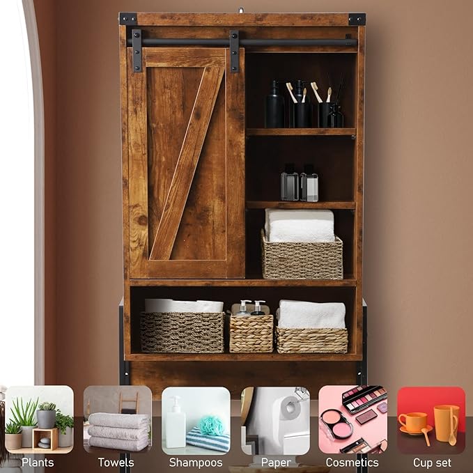 Over The Toilet Storage Cabinet, Behind Toilet Bathroom Organizer with Adjustable Shelves, Above Toilet Organizers with Barn Door, Space Saver for Restroom, Bathroom, Laundry, Brown