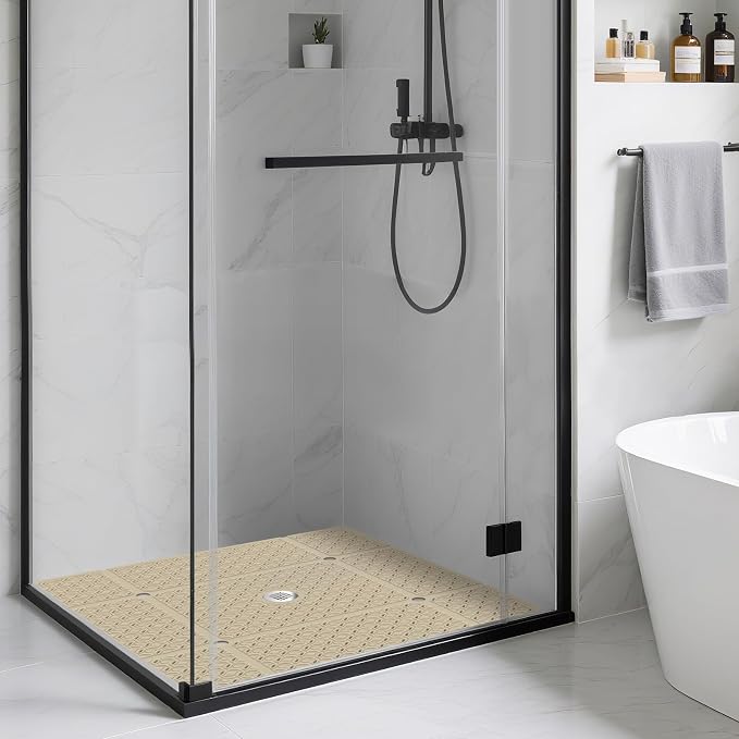 Yolife Square Shower Mat, 27" x 27" Large Shower Mat with Drain Hole in Middle, Soft TPE Non Slip Shower Mats for Inside Shower with Suction Cups, Anti Slip Washable Shower Floor Mat, Brown