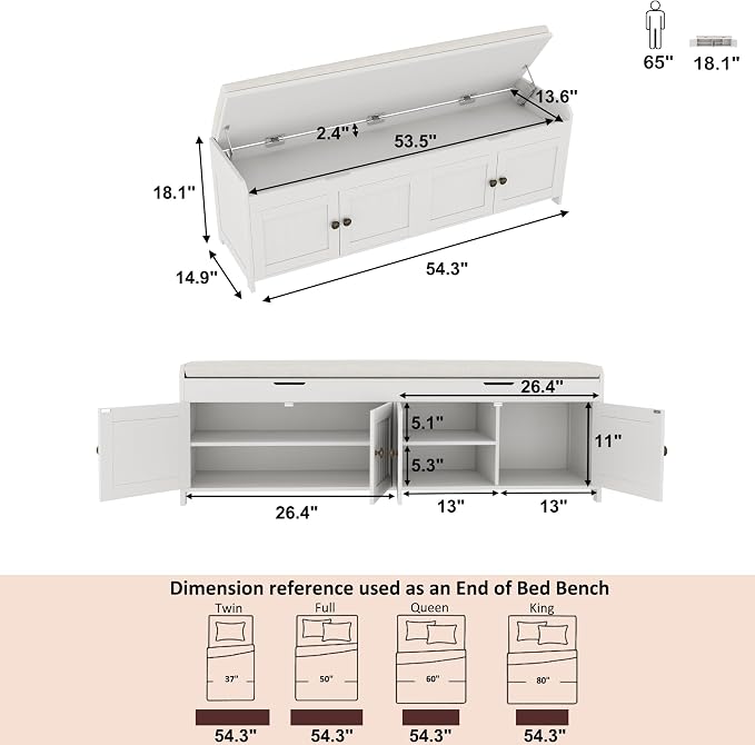HOMEFORT 54.4" Shoe Bench with Lift Top Storage, Entryway Bench with Cushioned Seat, Wooden End of Bed Bench, Shoe Cabinet Bench with Hidden Storage Space, for Bedroom, Hallway,White