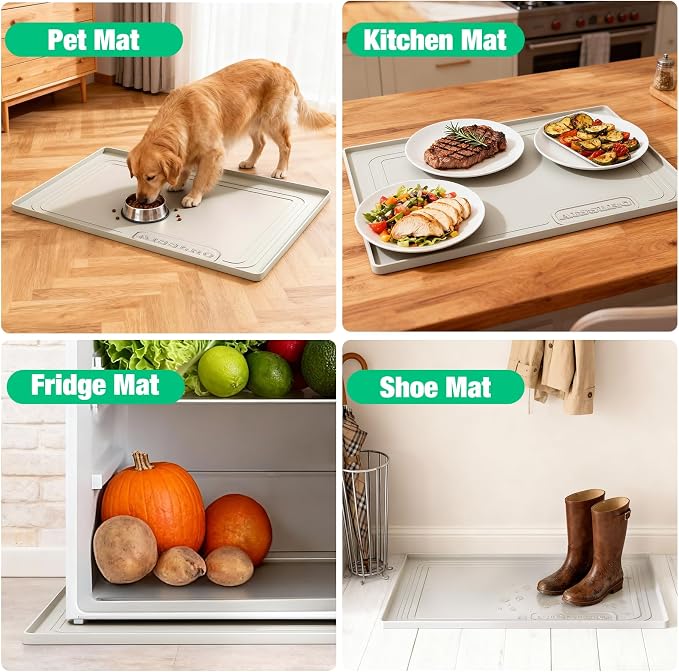 Aisslro Under Sink Mat 22" X 19", Waterproof Silicone Cabinet Organizer Protector with Raised Edge, Kitchen & Bathroom Leak Tray, Shelf Liner & Pet Feeding Mat for Dog Cat Food Mats, Beige
