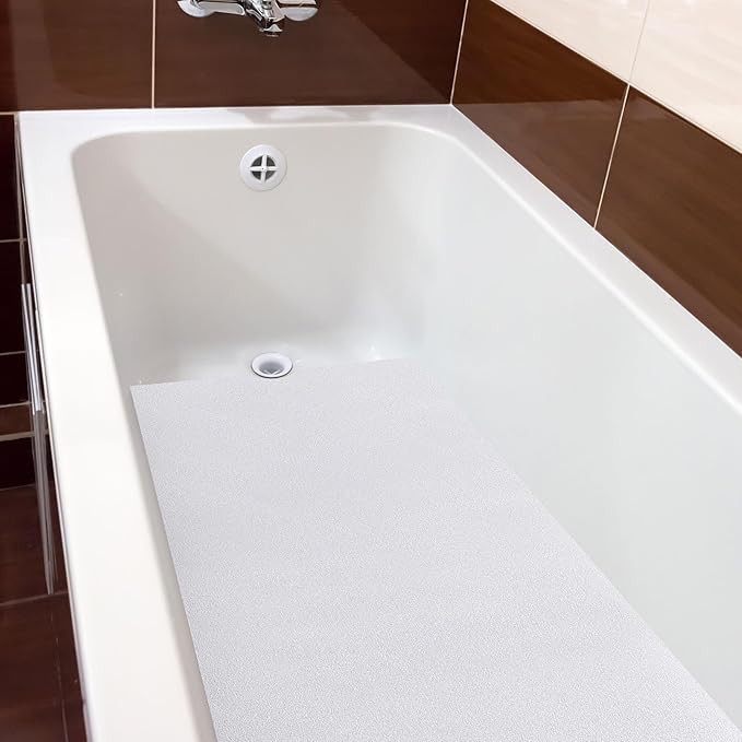 Dunzoom 16" x 40" Non Slip Bathtub Mat with Drain Cut Out Anti Slipping Non Skid Safe Tub Mat Adhesive Peel and Stick Bath Tub Mat PEVA Tub Sticker for Shower Floor Boat Wet Areas(White)