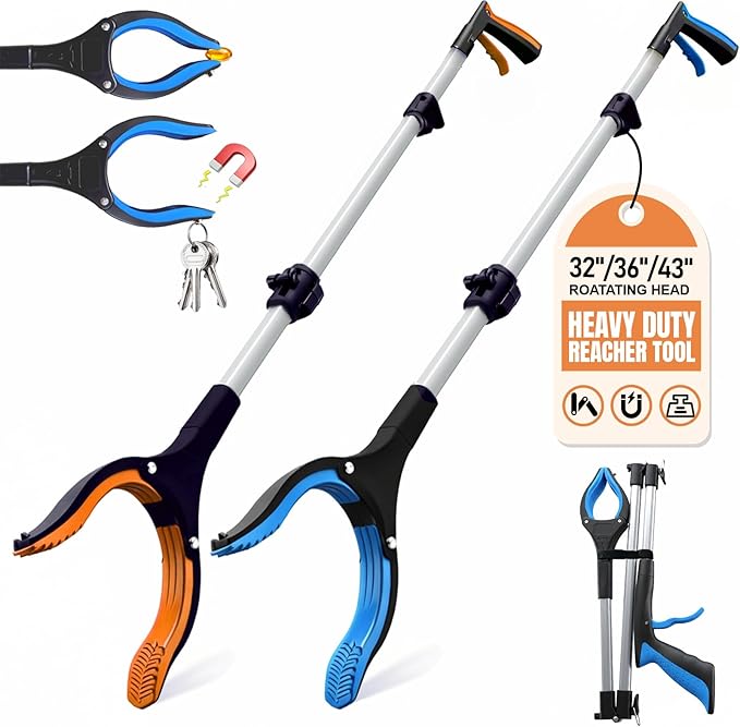 43" Magnetic Grabber Reacher Tool for Senior, 2 Pack Foldable Reaching Tool, Heavy Duty Pickup Trash Picker, Heavy Duty 4.2in Wide Claw Grabber Essentials Tool for Health, Surgery Recovery