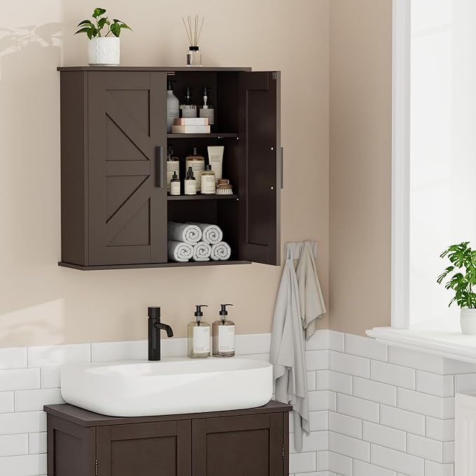 Homleke Bathroom Wall Cabinet, Over Toilet Storage Cabinet with Barn Doors and Adjustable Shelves, 3-Tier Medicine Cabinet Wall Mounted, for Bathroom, Kitchen, Entryway, Laundry Room, Brown, (7.9" D)
