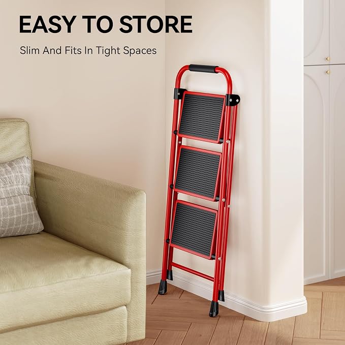 KINGRACK Step Ladder, Folding Ladder with Non-Slip and Wide Pedal, Small Ladder with Handle, Heavy Duty Steel Stool, Lightweight Step Ladder (Red, 3 Step Stool)
