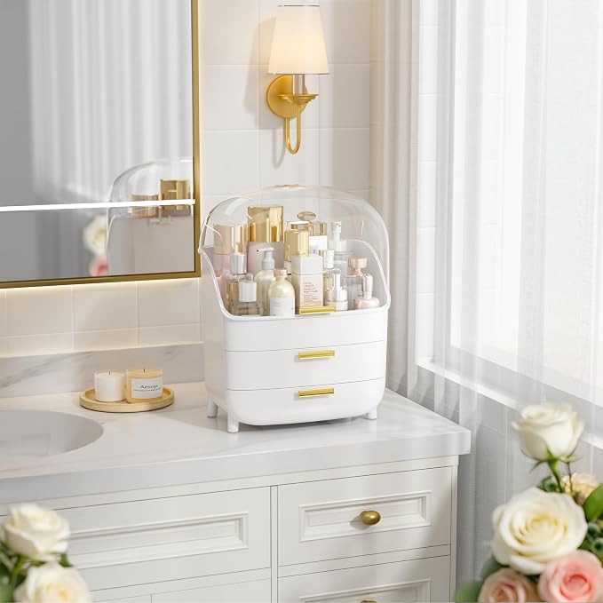 Vtopmart 3-Tier Skincare Makeup Organizer with Drawers and Lid for Vanity and Bathroom Countertop, Large Cosmetic Storage Box Case for Dresser, with Non-Slip Base