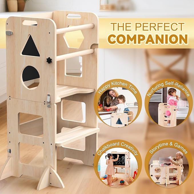 Woodure 3-in-1 Toddler Kitchen Step Stool, Foldable Learning Standing Tower with Blackboard, Wooden Kitchen Stool Helper for Kids